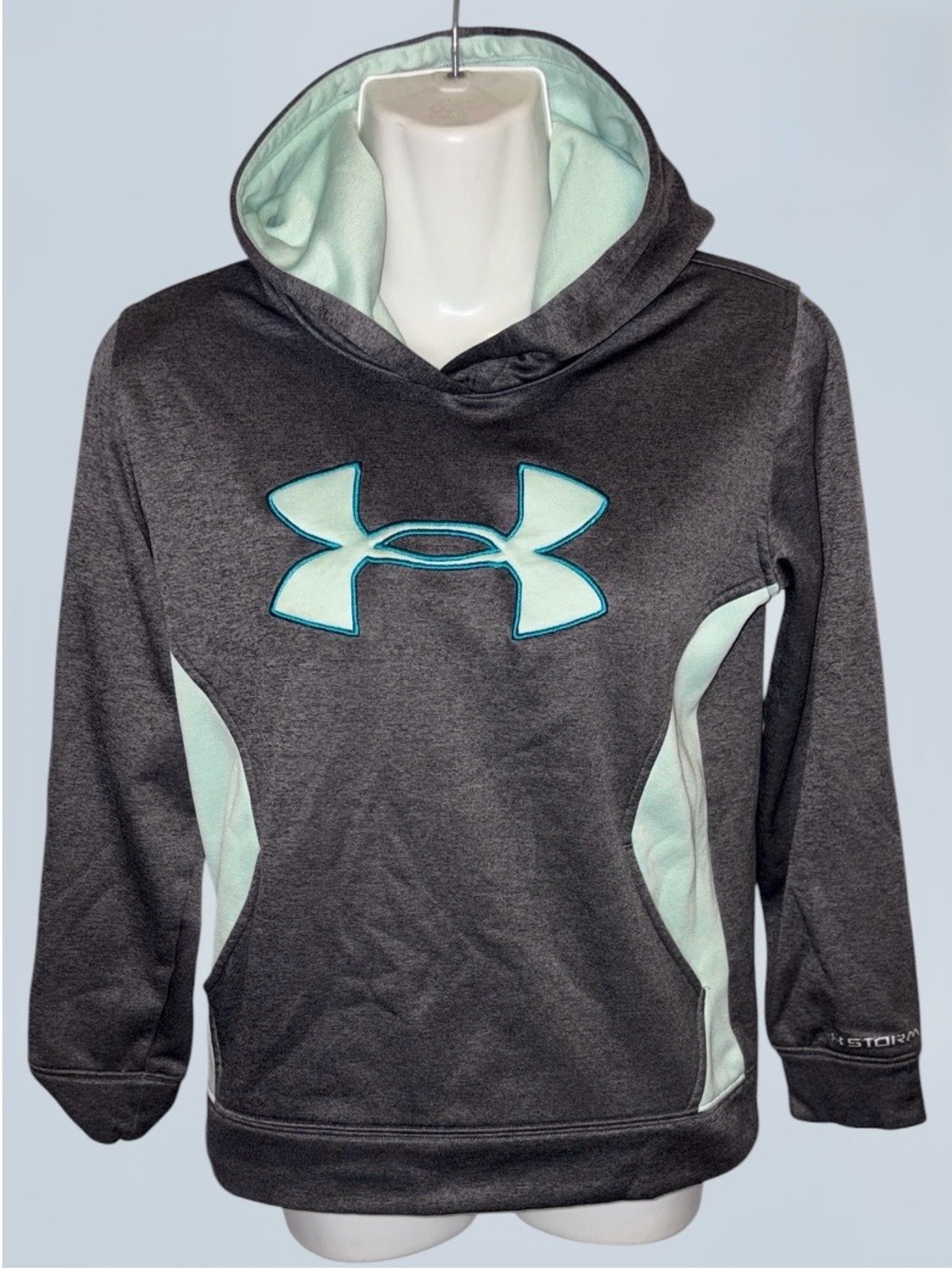 Under Armour Storm Fleece Hoodie Youth M Gray Mint Green Logo Sweatshirt Unisex